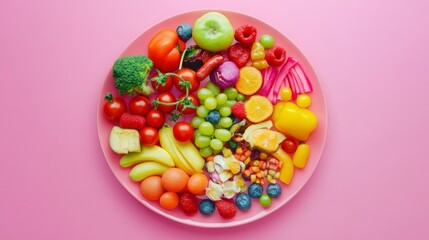 Colorful fruit and vegetable platter on pink background