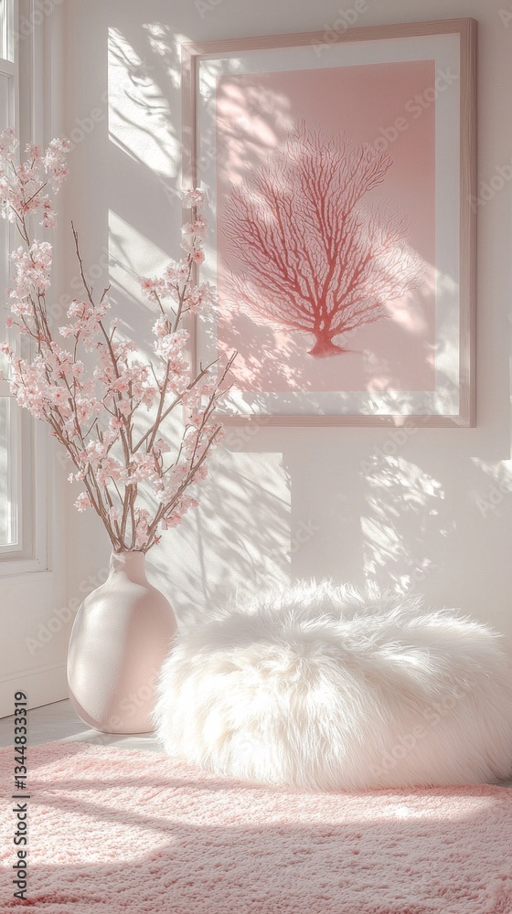 Poster sunlight filters through the window, casting shadows on a cozy corner adorned with spring blossoms i