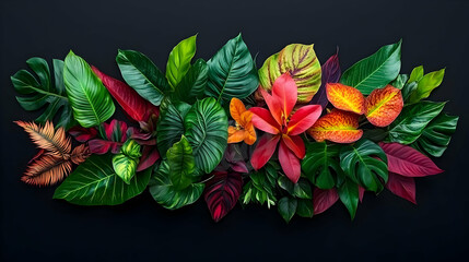 Obraz premium Colorful Tropical Leaf Arrangement On Dark Background