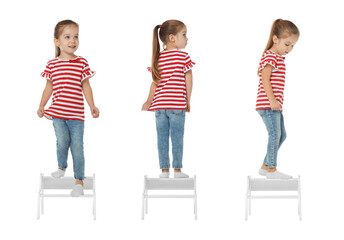 Cute little girl on step stool against white background, collage
