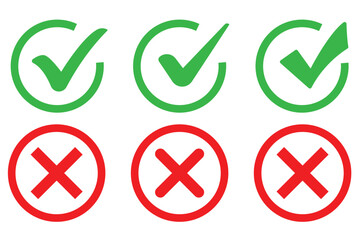 tick and cross button. set of green and red check box with yes and no sign. right and wrong buttons and yes or no checkmark icons in green tick box and red cross. 