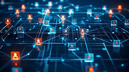 Obraz premium Abstract digital network connection showing global communication and social media. Image depicts a complex network of interconnected nodes, representing people or users.