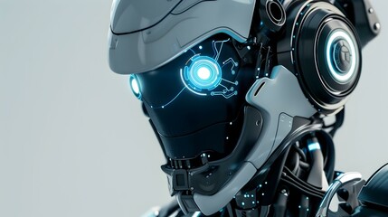 Futuristic robot head close-up.  Cyberpunk style, glowing blue lights, detailed mechanical design. Ideal for sci-fi, technology, AI themes.