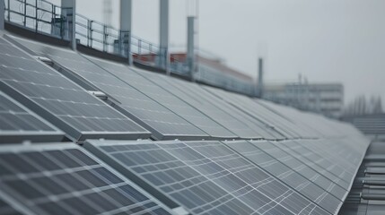 Rooftop solar panels on a building, close-up view. Modern energy solutions.