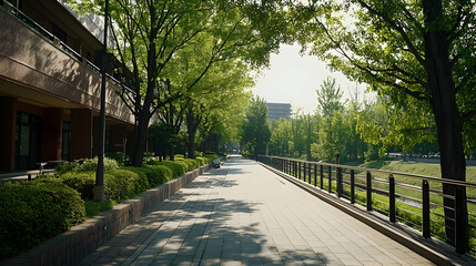 Obraz premium Tree Lined Pathway Along Riverfront Featuring Wooden Fence and Modern Architecture Under Bright Sunlight