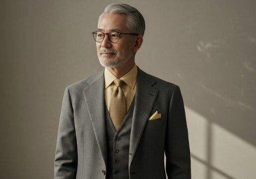 A senior businessman in an elegant three-piece suit and glasses. A confident corporate leader with a refined style, radiating professionalism and experience. The concept of business success