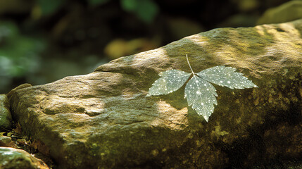 Single leaf with white spots lying on a mossy boulder in a forest setting
