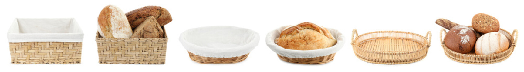 Different baskets with bread isolated on white, set