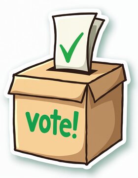 Cartoon sticker of ballot box with vote paper and green check mark. Paper card in box. Cute voting doodle visual illustration. Icon with political message, democratic election symbol.