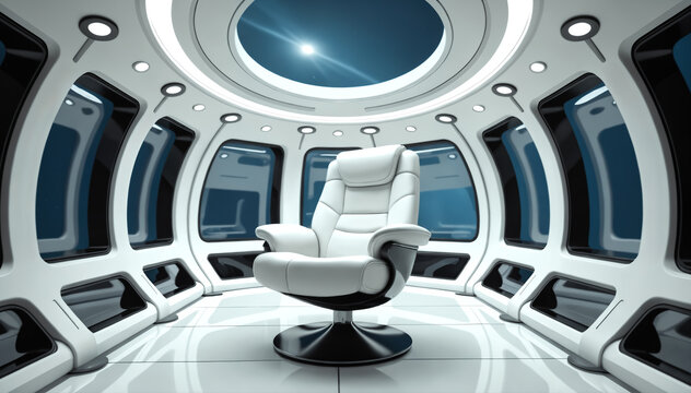 White leather seat in a minimalistic white spaceship interior.