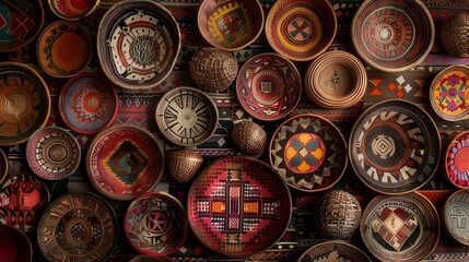 Colorful handcrafted woven baskets arranged on a patterned textile.  A vibrant collection of artisan-made bowls.