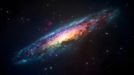 Obraz premium Elongated Galaxy in Space with Swirling Colors of Blue Orange and Purple Illuminated by Countless Sparkling Stars Against Dark Background