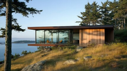 Modern Glass And Wood Oceanfront Cabin At Sunset