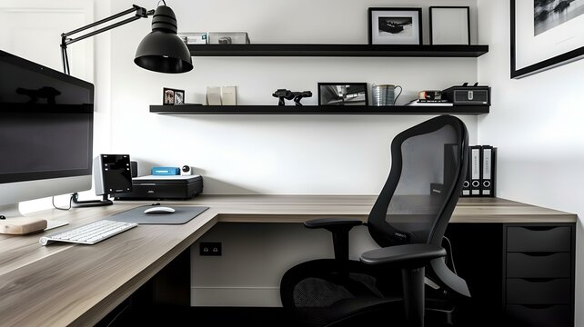 Modern minimalist home office interior design with black and light wood desk, ergonomic chair, and floating shelves.
