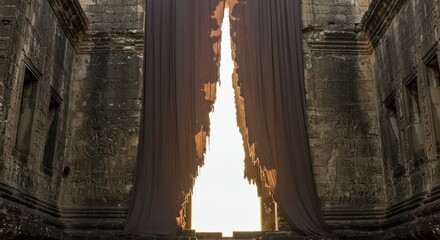 Naklejka premium Biblical significance. Torn temple curtain, Christian belief, Divine intervention, Religious symbolism, Jesus sacrifice, Holy presence, Spiritual breakthrough, Faith representation, Gospel reference