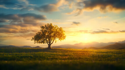 Obraz premium Golden Tree In A Green Field Under A Sunset Sky With Warm Light And Yellow Flowers