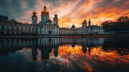 Fototapeta premium Sunset Reflection of the Cathedral of the Smolensk Icon of the Mother of God in the city of Smolensk, Russia