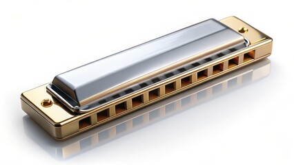 Gold Harmonica on White Background