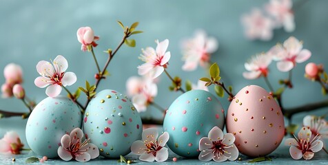 Easter greeting card pastel eggs and soft floral background open space for personalized message