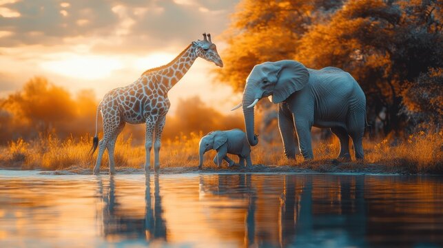 African Sunset: Giraffe, Elephants, and Golden Hour Serenity