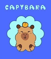 Capybara Vector illustration poster Cute face with oranges. Cute character holding an orange on his head. Flyer design in flat style with space for text.