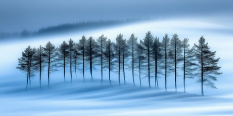 Mystical forest of pine trees in winter fog