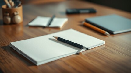 blank notebook with pencil on wooden office desk