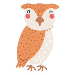 Cute cartoon owl character illustration. Hand drawn Scandinavian style flat design, isolated vector. Wild animal, forest wildlife, woodland creature. Kids clip art, print element, banner, poster