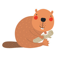 Cute cartoon beaver character illustration. Hand drawn Scandinavian style flat design, isolated vector. Wild animal, forest wildlife, woodland creature. Kids clip art, print element, banner, poster © Maria Skrigan