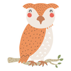 Cute cartoon owl character illustration. Hand drawn Scandinavian style flat design, isolated vector. Wild animal, forest wildlife, woodland creature. Kids clip art, print element, banner, poster
