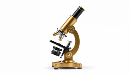 vintage golden microscope with black eyepiece and metal base isolated on white background, antique laboratory equipment, retro optical device for scientific research and education
