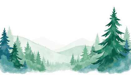 Fototapeta premium Watercolor forest landscape with trees and mountains in green tones 