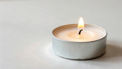Lit Tealight Candle on White Background