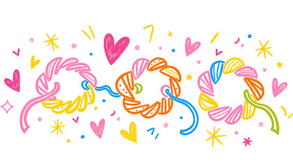 Colorful whimsical illustrations of candy swirls and hearts  