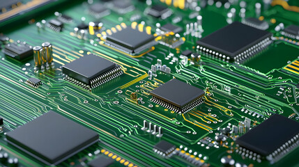 Obraz premium Closeup View Of Complex Green Circuit Board With Integrated Circuits
