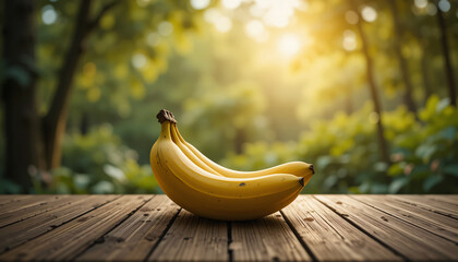 Yellow banana on wooden table outdoors, great for food blogs and nutrition articles