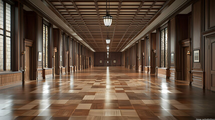 Long Wooden Hallway With Symmetrical Architecture and Warm Lighting