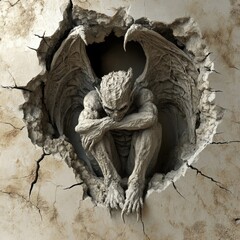 A 3D rendering of a gargoyle sitting in a hole in a wall
