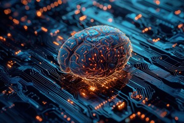 A detailed brain model is placed on a circuit board with glowing lights.