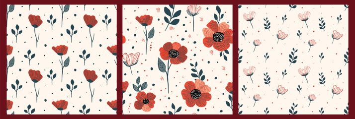 Set of seamless patterns with red poppy flowers on beige background. Design for printing on fabric, textile and wrapping. Beautiful summer ornament for backdrops and wallpapers.