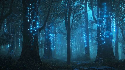 Enchanted Forest with Glowing Digital Trees and Mystical Atmosphere