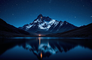 Snowy mountain at night with starry sky and reflection.