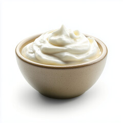 Creamy Swirl of Sour Cream in Wooden Bowl – Dairy Food Photography on White Background