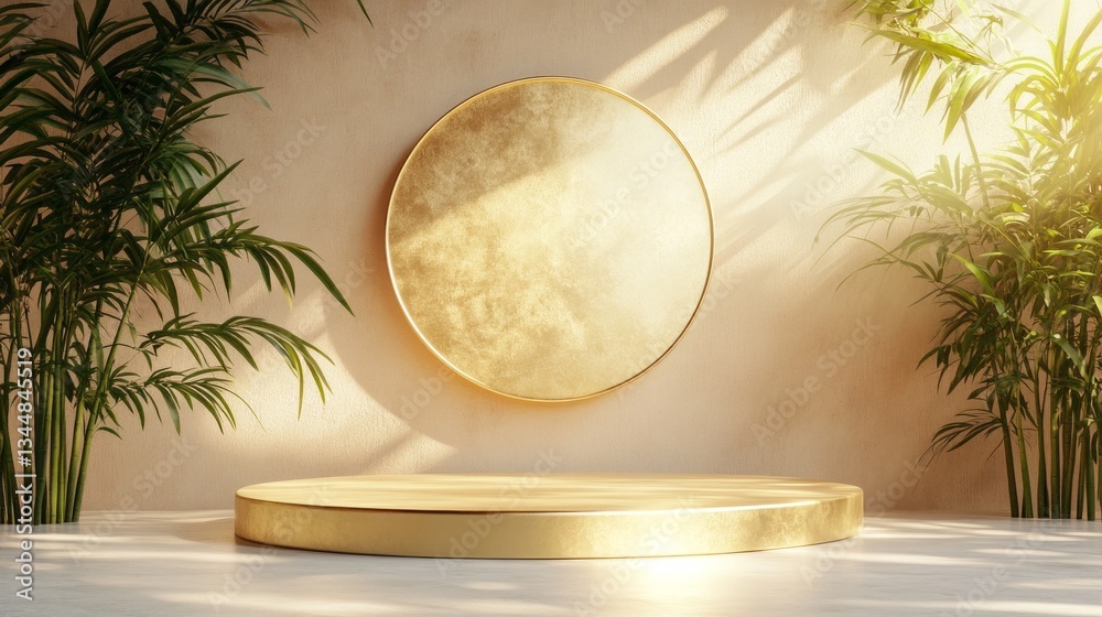 Aufkleber a circular, golden platform rests on a smooth surface, illuminated by soft sunlight filtering throug