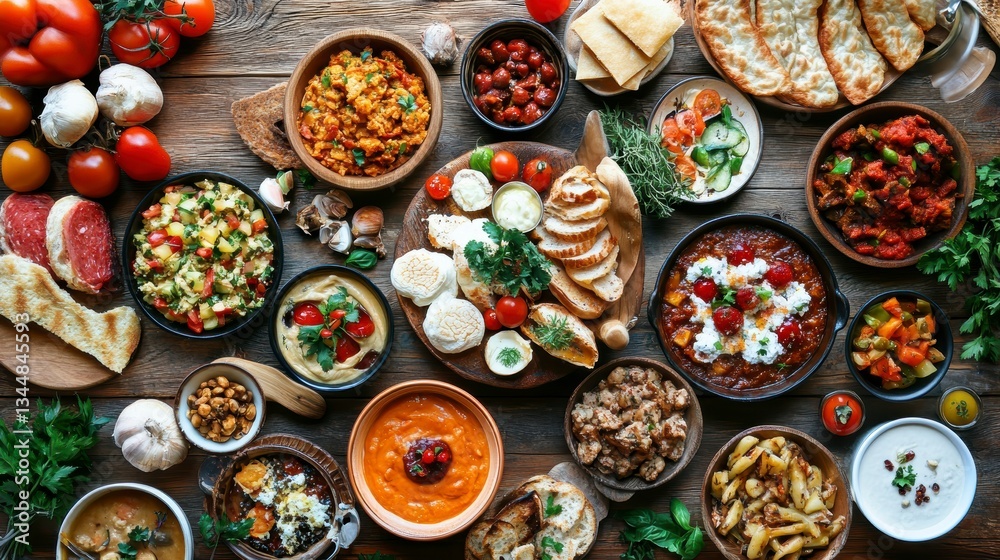 Poster Diverse Mediterranean dishes spread on rustic wooden table.  Possible use for showcasing culinary variety