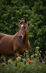 Fototapeta premium Chestnut horse with white star in serene rural setting.