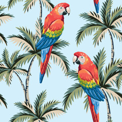 Tropical macaw parrots, palm trees, light blue sky background. Seamless pattern. Vector illustration. Exotic plants, birds. Summer beach design. Paradise nature