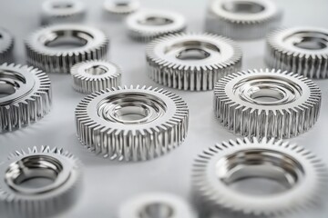 Obraz premium Several gleaming metal gears of different sizes are arranged on a smooth surface, showcasing their intricate designs. The lighting highlights the reflective surfaces, emphasizing detail.