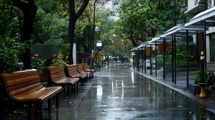 Obraz premium Rainy City Street Scene With Empty Wooden Benches Under Tree Canopy And Overcast Sky During The Afternoon