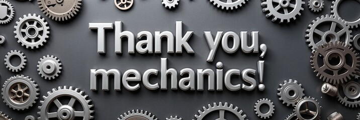 Metal gears arranged artistically with the phrase "Thank you, mechanics!" in bold letters against a gray background, appreciation concept for automotive industry